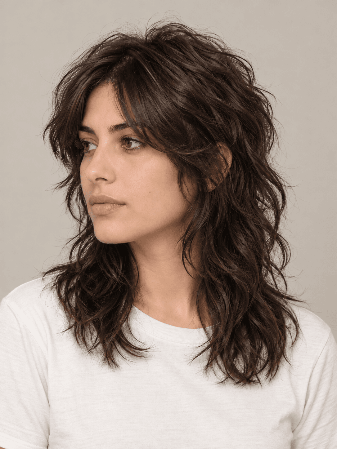 Wolf cut hairstyle on a woman with dark brown wavy hair, three-quarter view