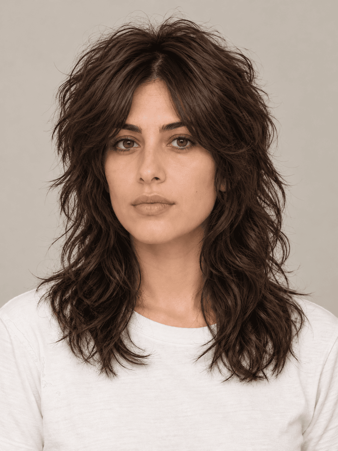 Wolf cut hairstyle on a woman with dark brown wavy hair, front view