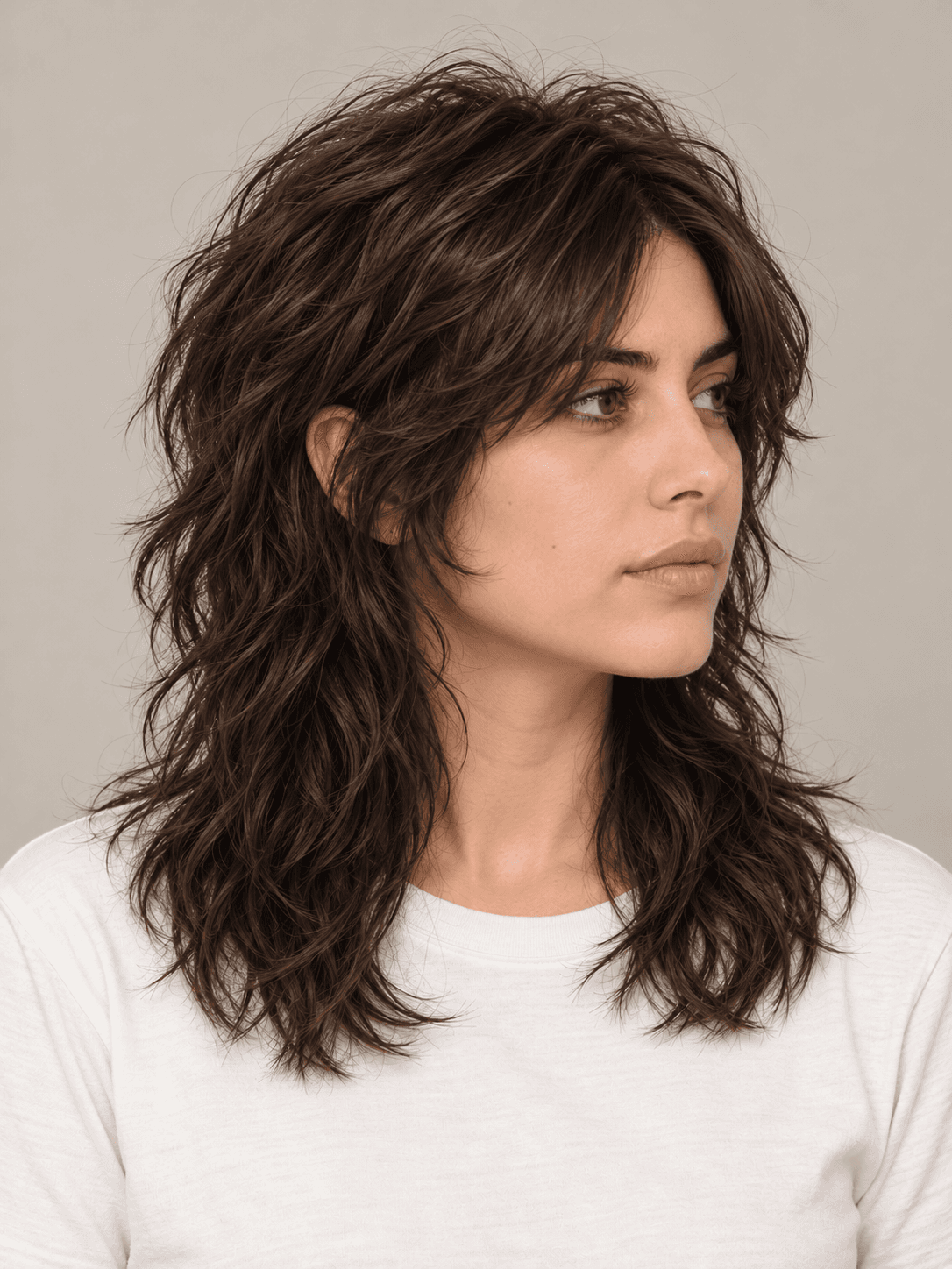Wolf cut hairstyle on a woman with dark brown wavy hair, three-quarter view from the other side