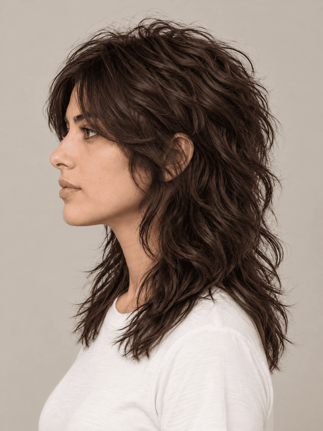 Wolf cut hairstyle on a woman with dark brown wavy hair, side view