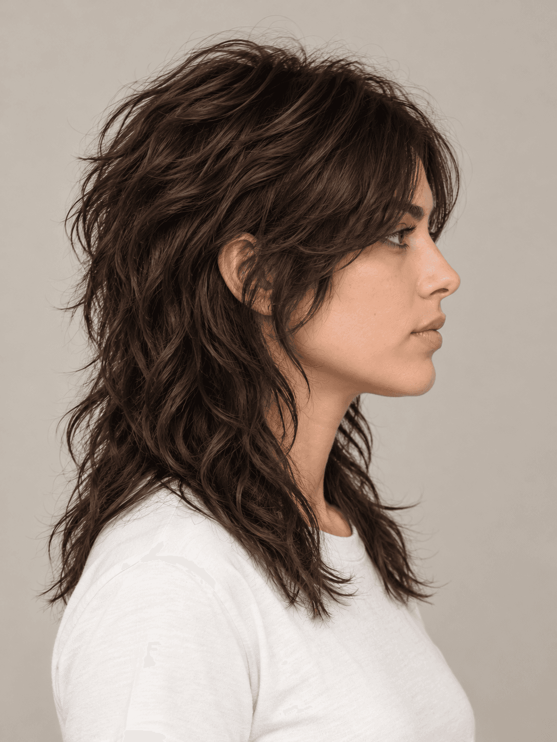 Wolf cut hairstyle on a woman with dark brown wavy hair, side view from the other side