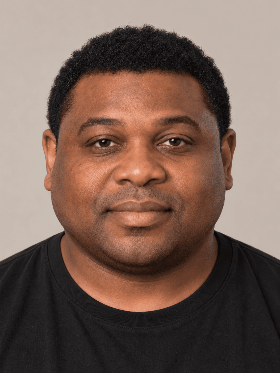 Man, front view, with deep brown skin and short natural coily black hair off the forehead and ears.