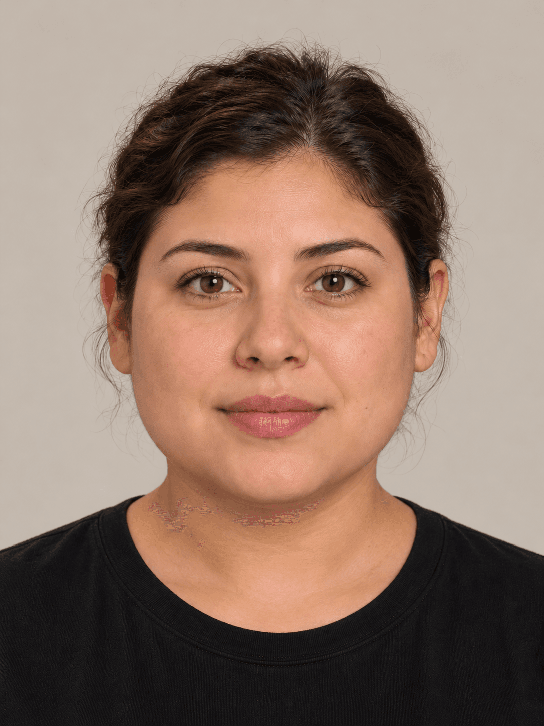 Woman, front view, with medium warm-toned skin and wavy dark brown hair pulled back in a low bun.