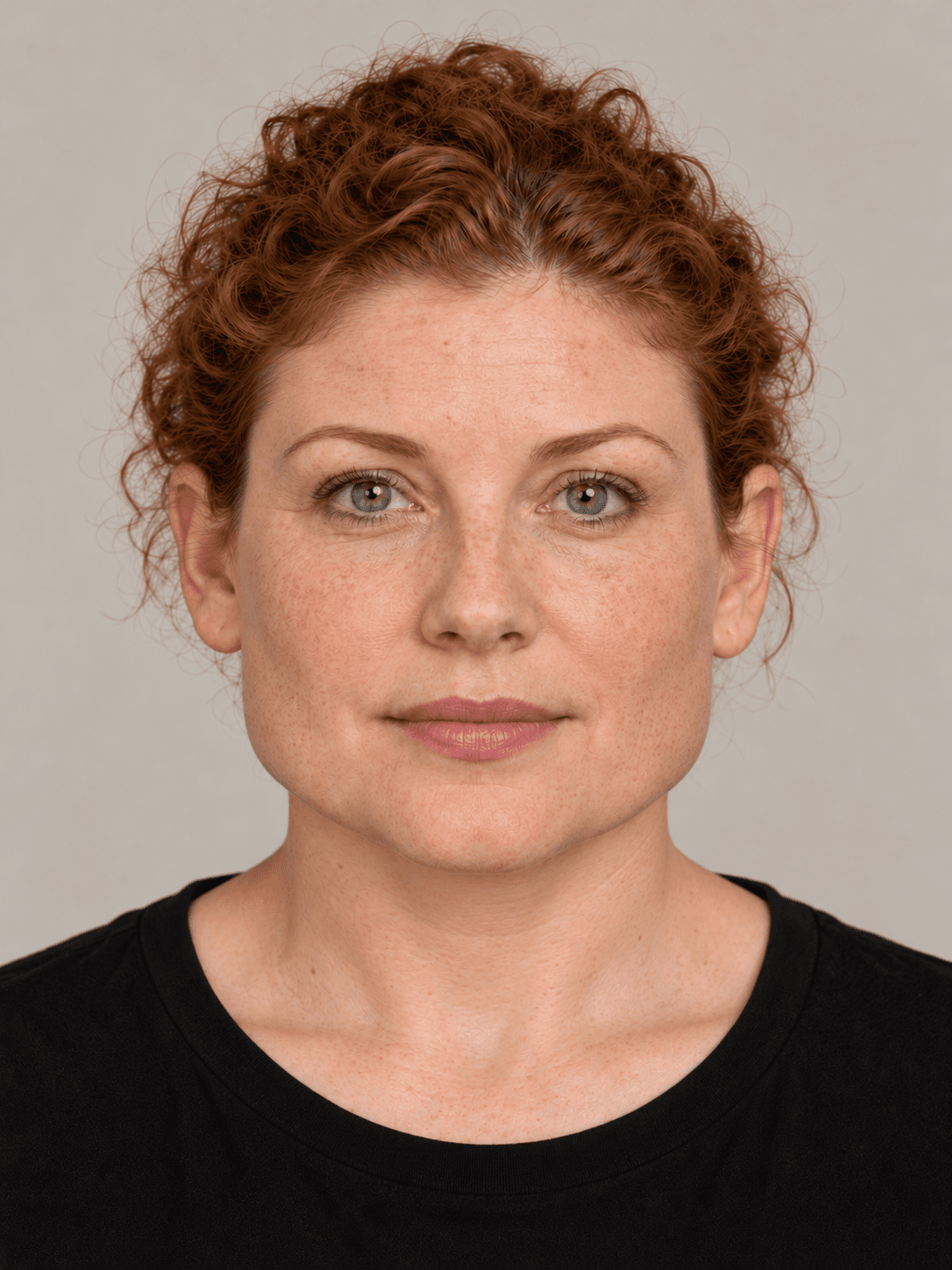 Woman, front view, with fair lightly freckled skin and curly red-brown hair pulled back in a low bun.