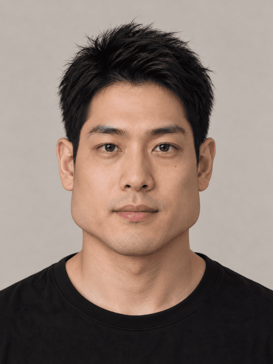 Man, front view, with light medium-toned skin and short straight black hair off the forehead and ears.