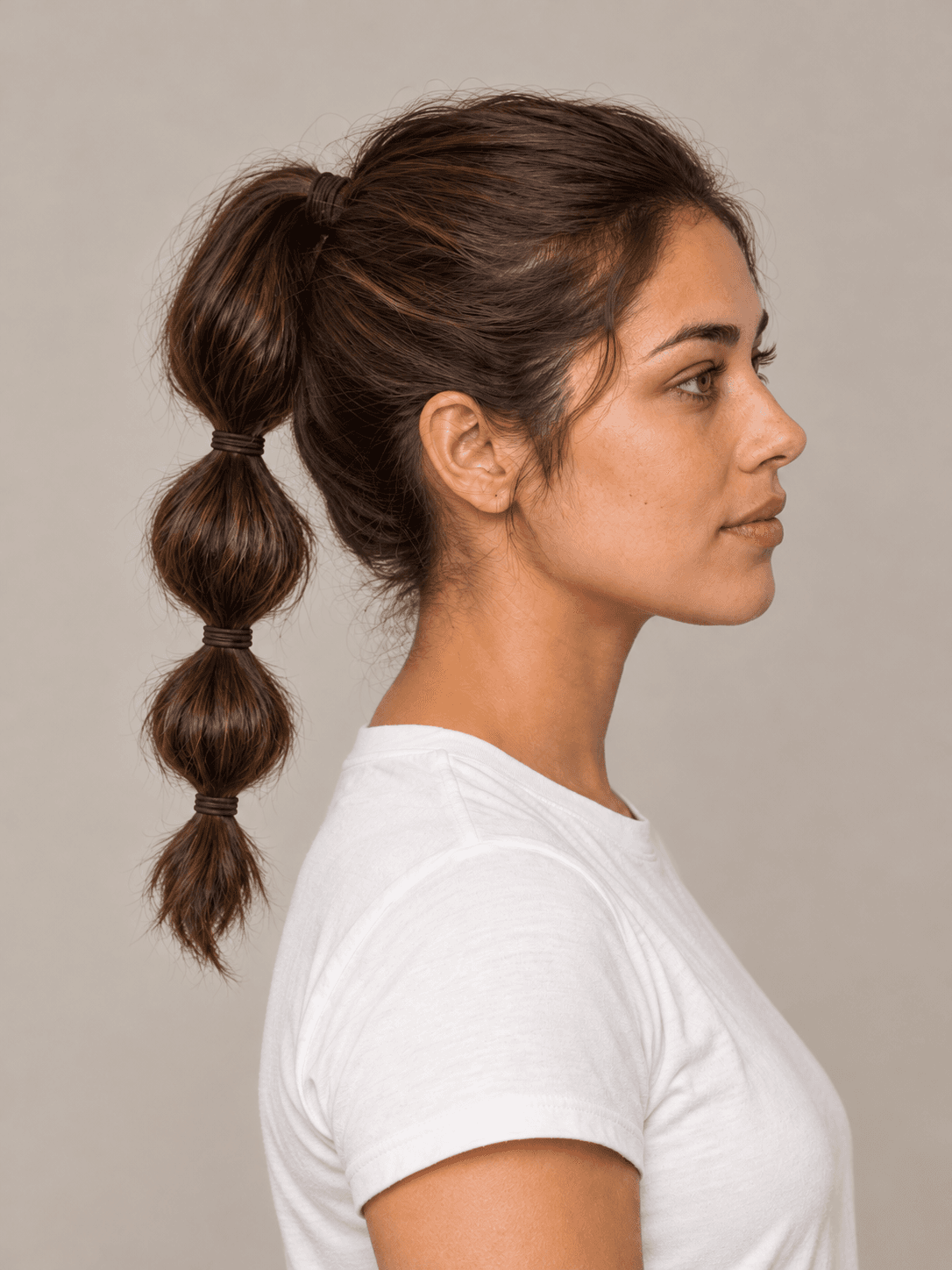 Bubble Ponytail on a woman with light olive skin and brown hair, side view