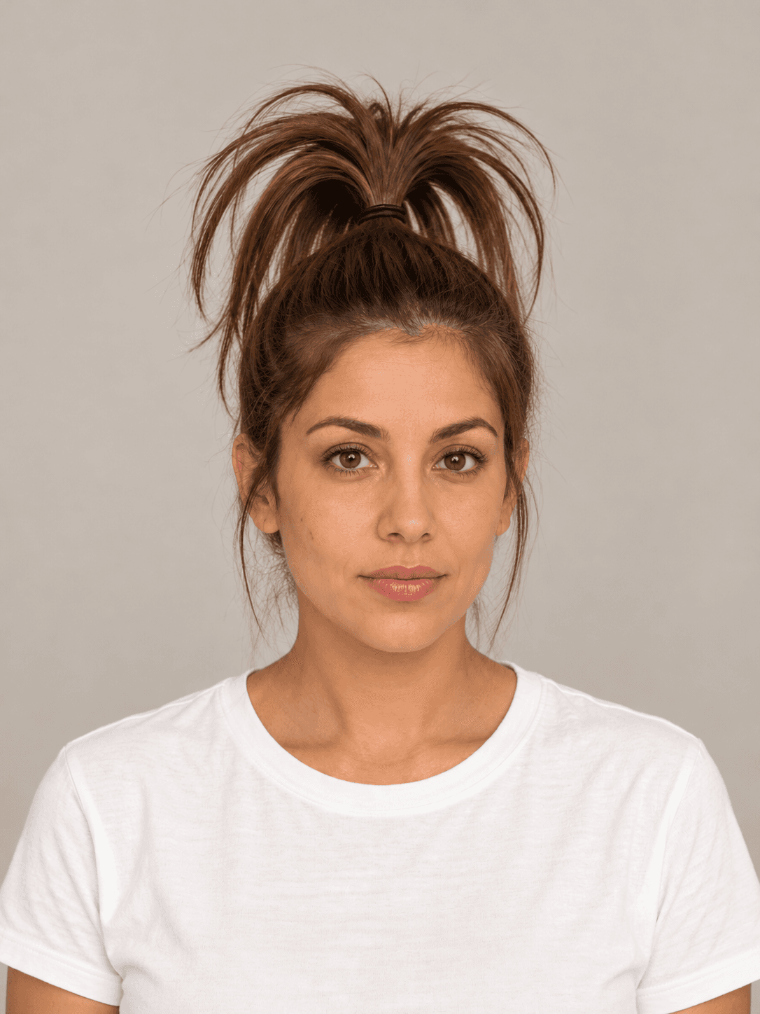 Upside-Down Ponytail Fountain on a woman with light olive skin and brown hair, front view