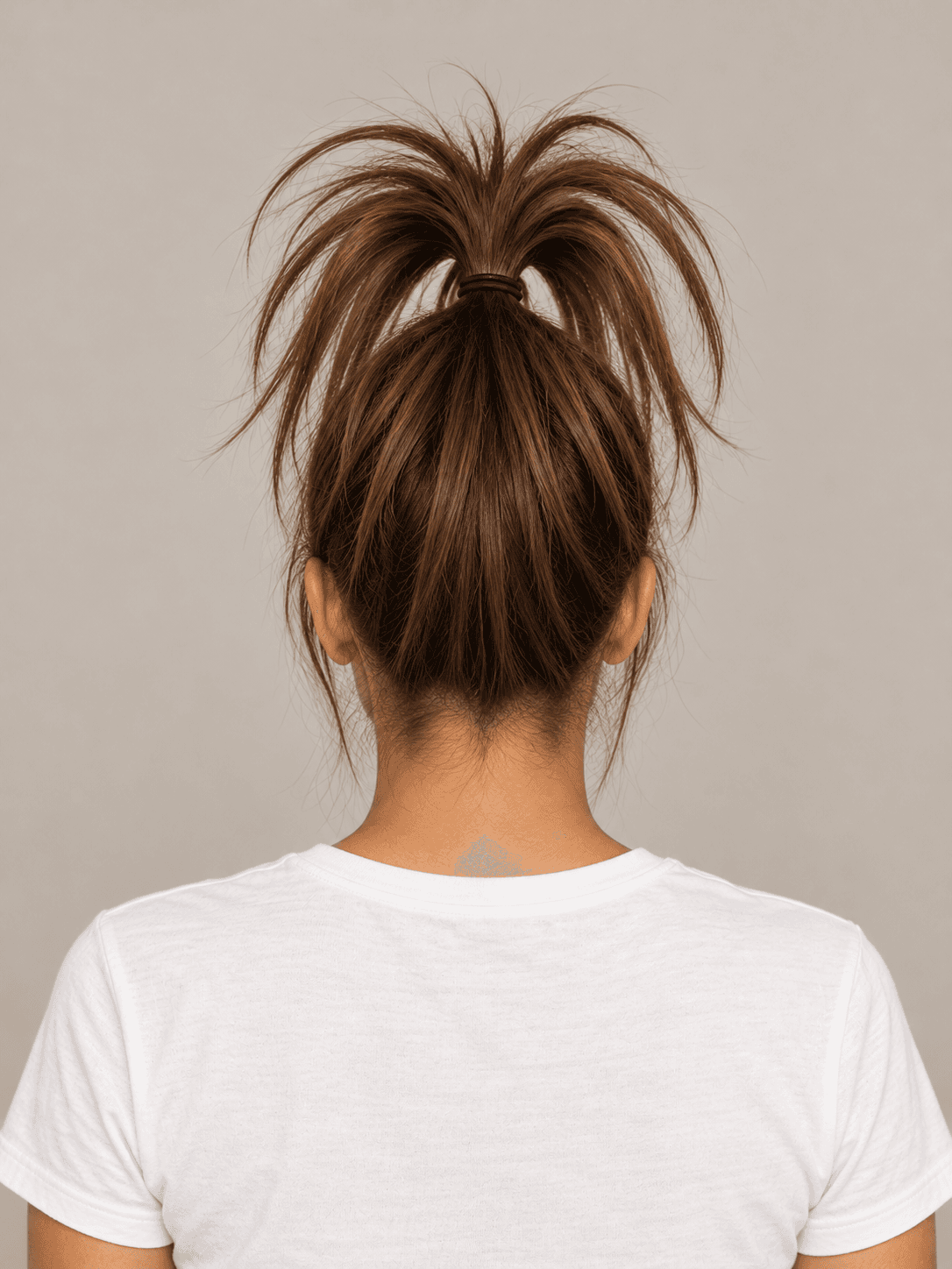 Upside-Down Ponytail Fountain on a woman with light olive skin and brown hair, back view