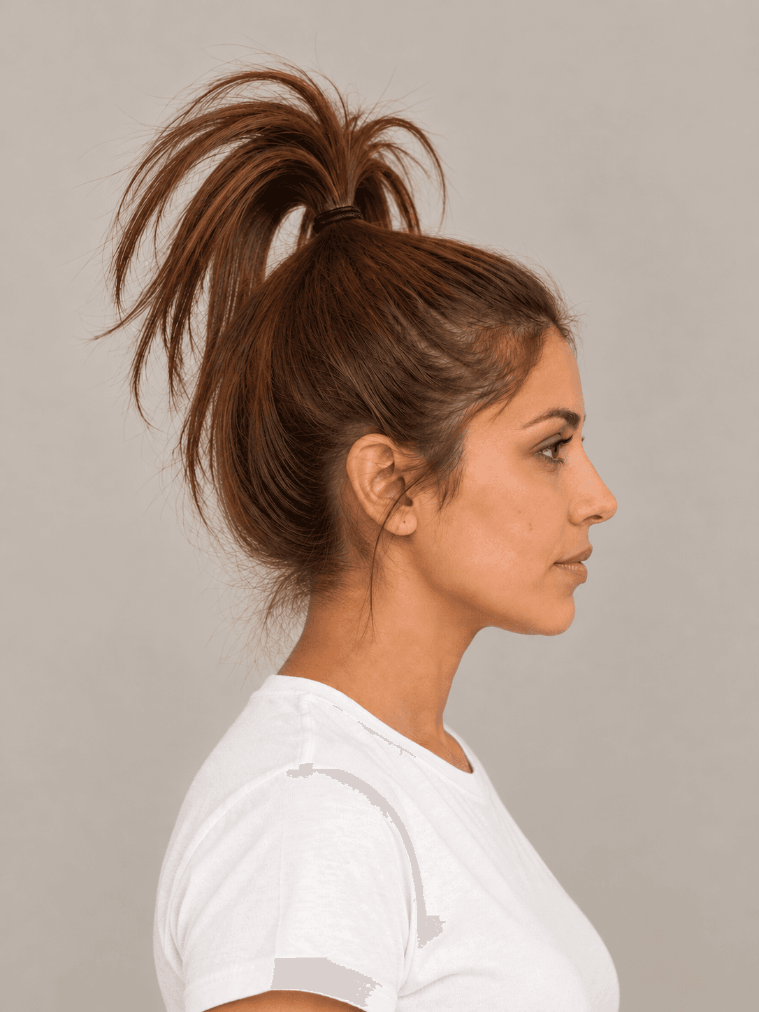 Upside-Down Ponytail Fountain on a woman with light olive skin and brown hair, side view