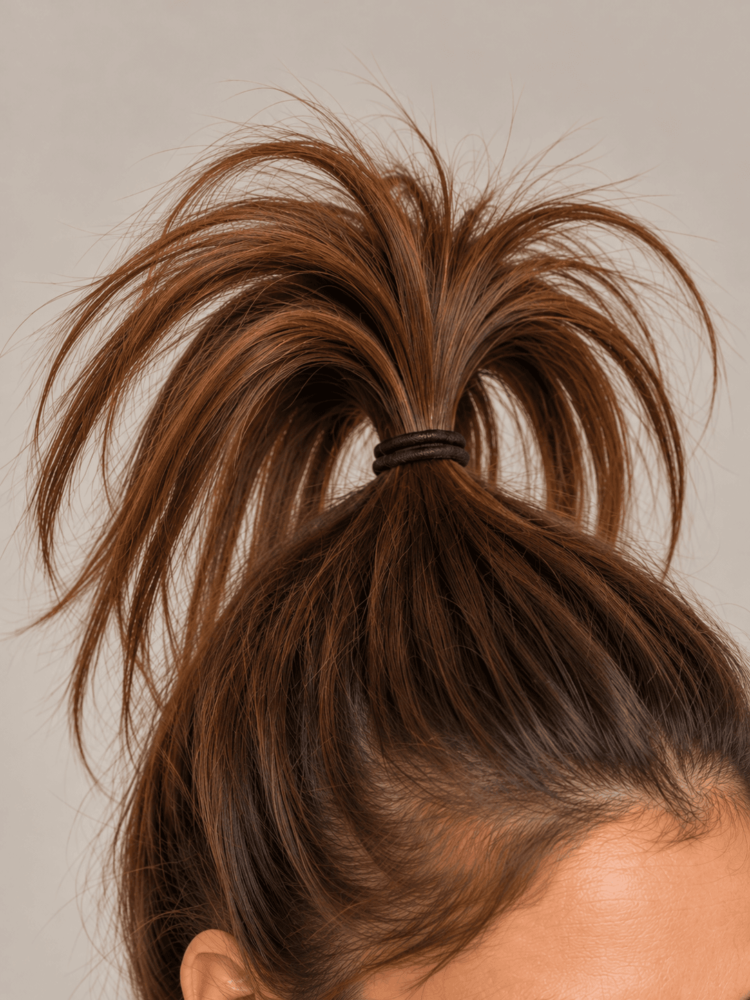 Upside-Down Ponytail Fountain on a woman with light olive skin and brown hair, close view of the ponytail on top, its ends stiffened and fanning outwards