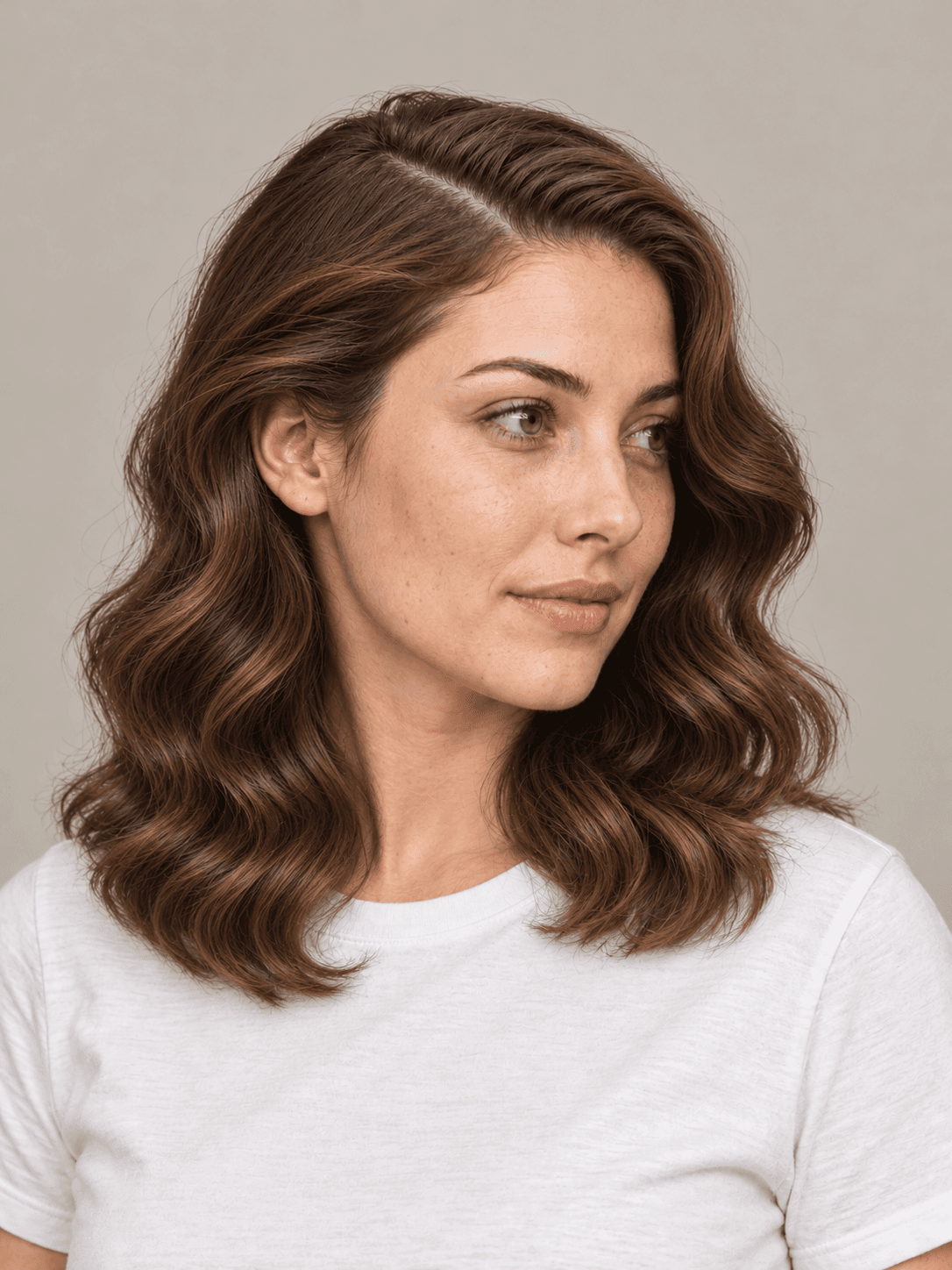 Side-Part Hollywood Waves on a woman with fair skin and brown hair, three-quarter view