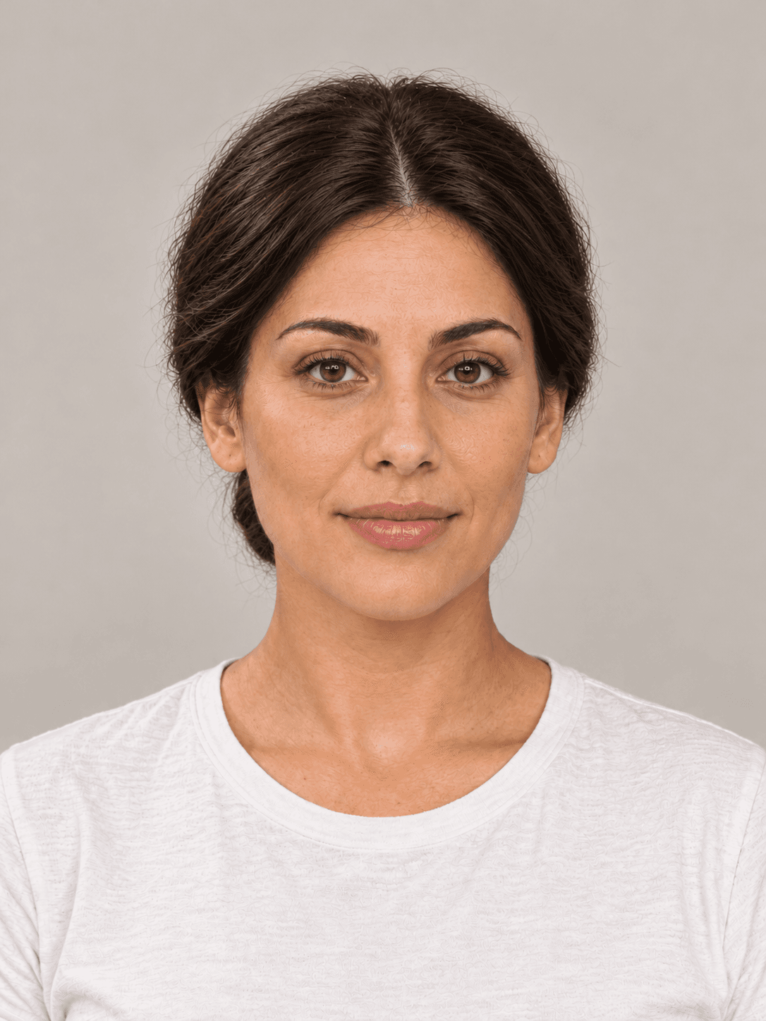 Low Chignon on a woman with light olive skin and dark brown hair, front view